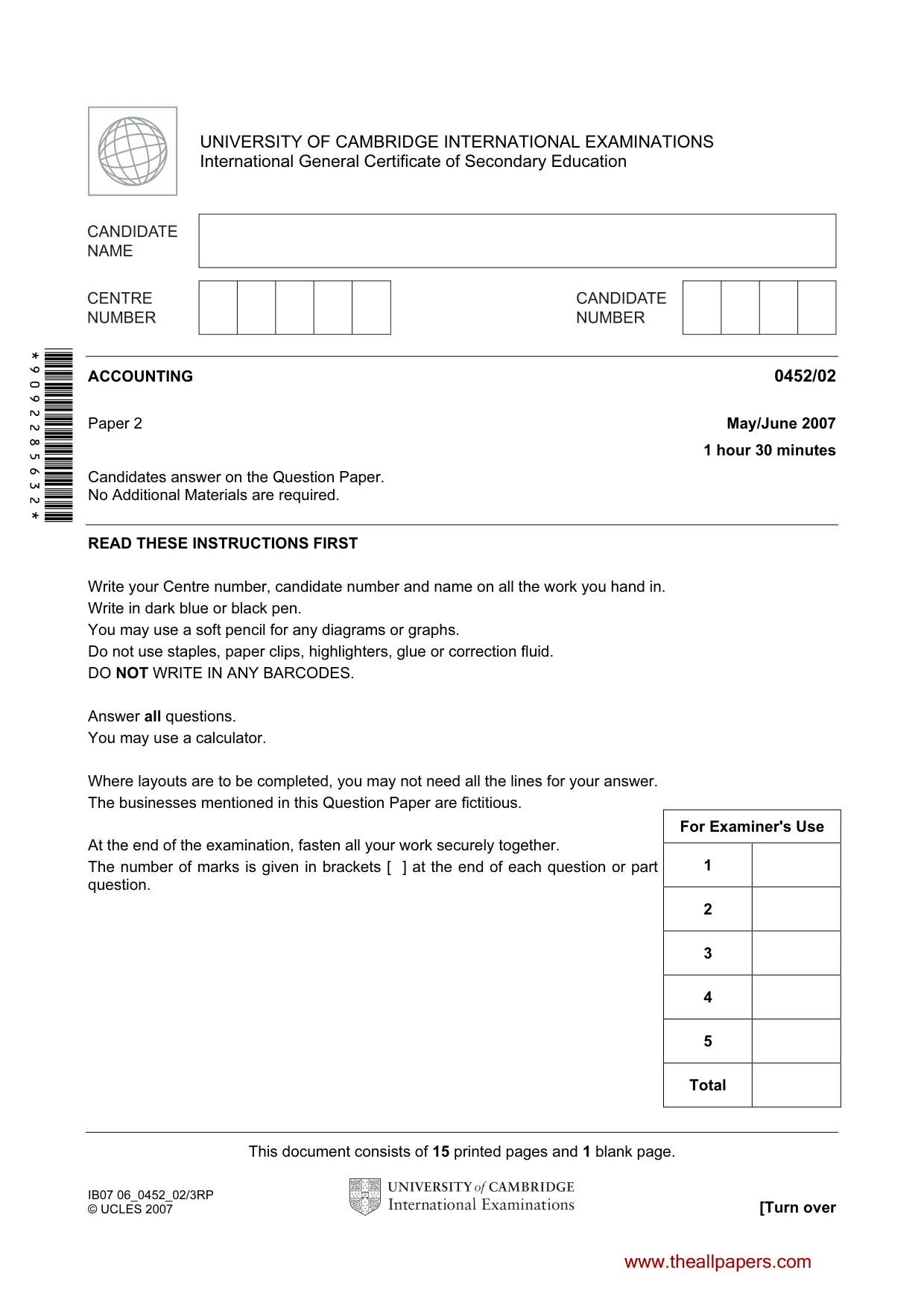 Cambridge IGCSE Accounting 0452 2007 May/June Paper 2 · Variant 1 question paper, page 1 of 16