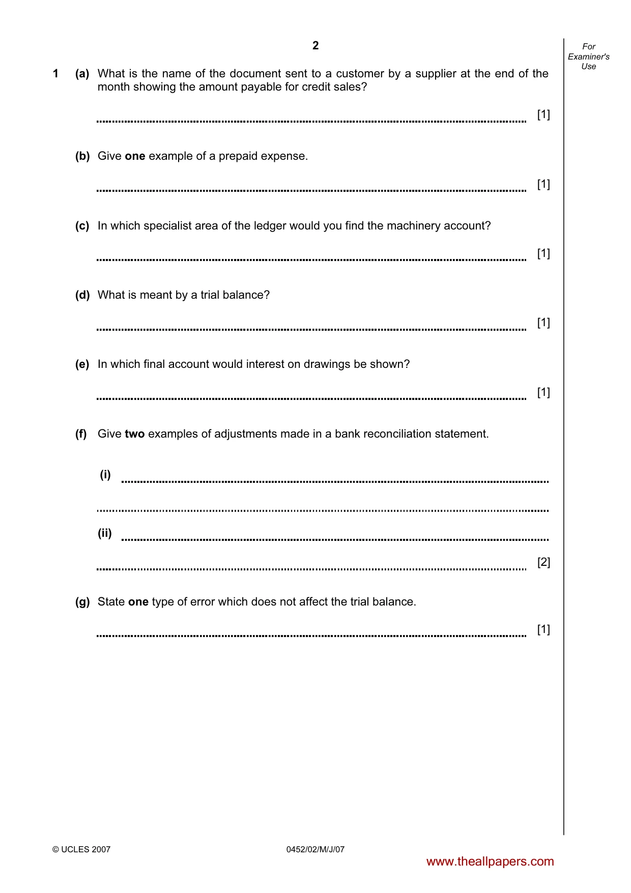 Cambridge IGCSE Accounting 0452 2007 May/June Paper 2 · Variant 1 question paper, page 2 of 16