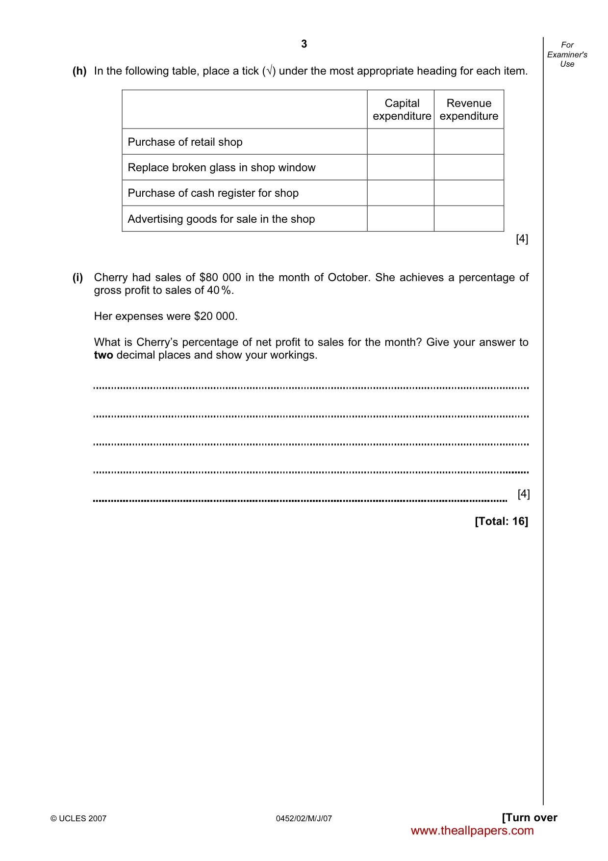 Cambridge IGCSE Accounting 0452 2007 May/June Paper 2 · Variant 1 question paper, page 3 of 16