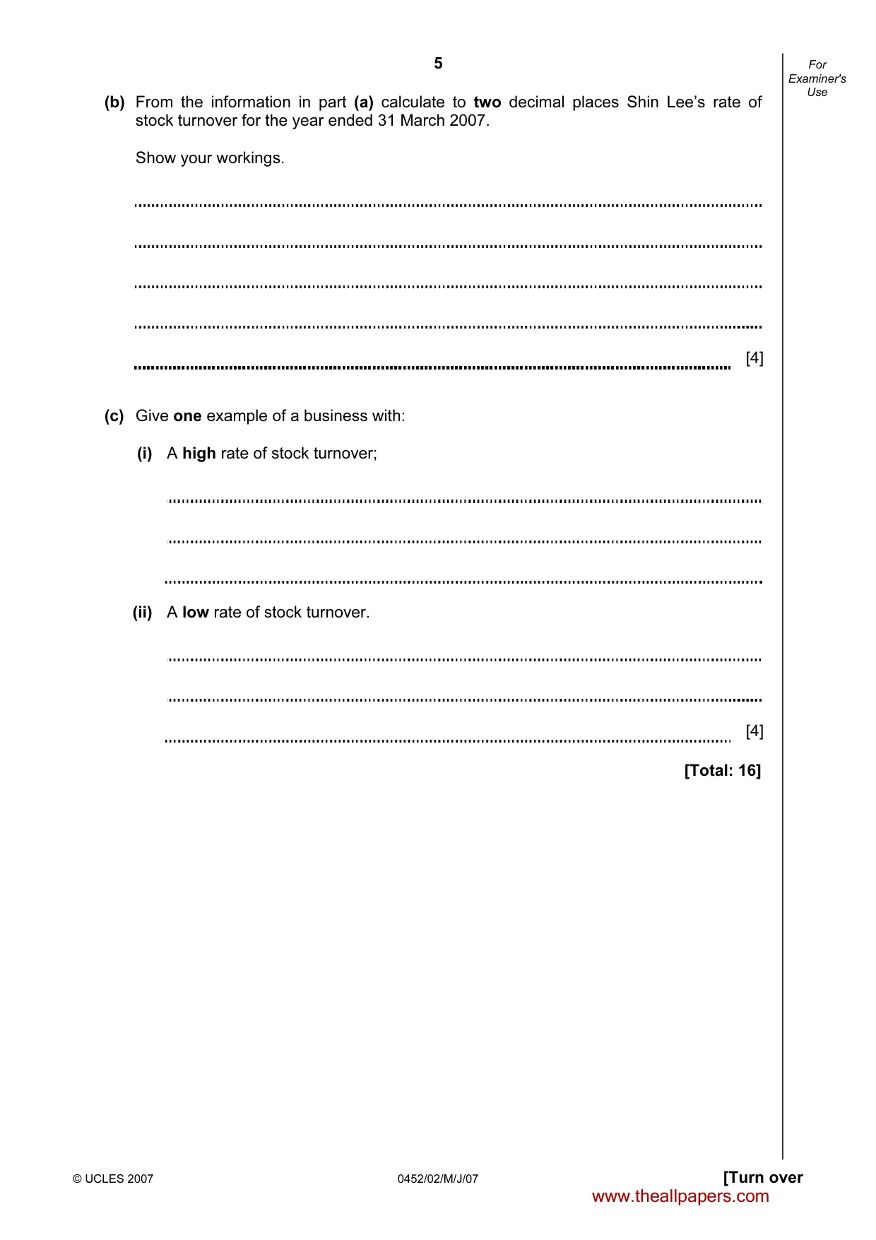 Cambridge IGCSE Accounting 0452 2007 May/June Paper 2 · Variant 1 question paper, page 5 of 16
