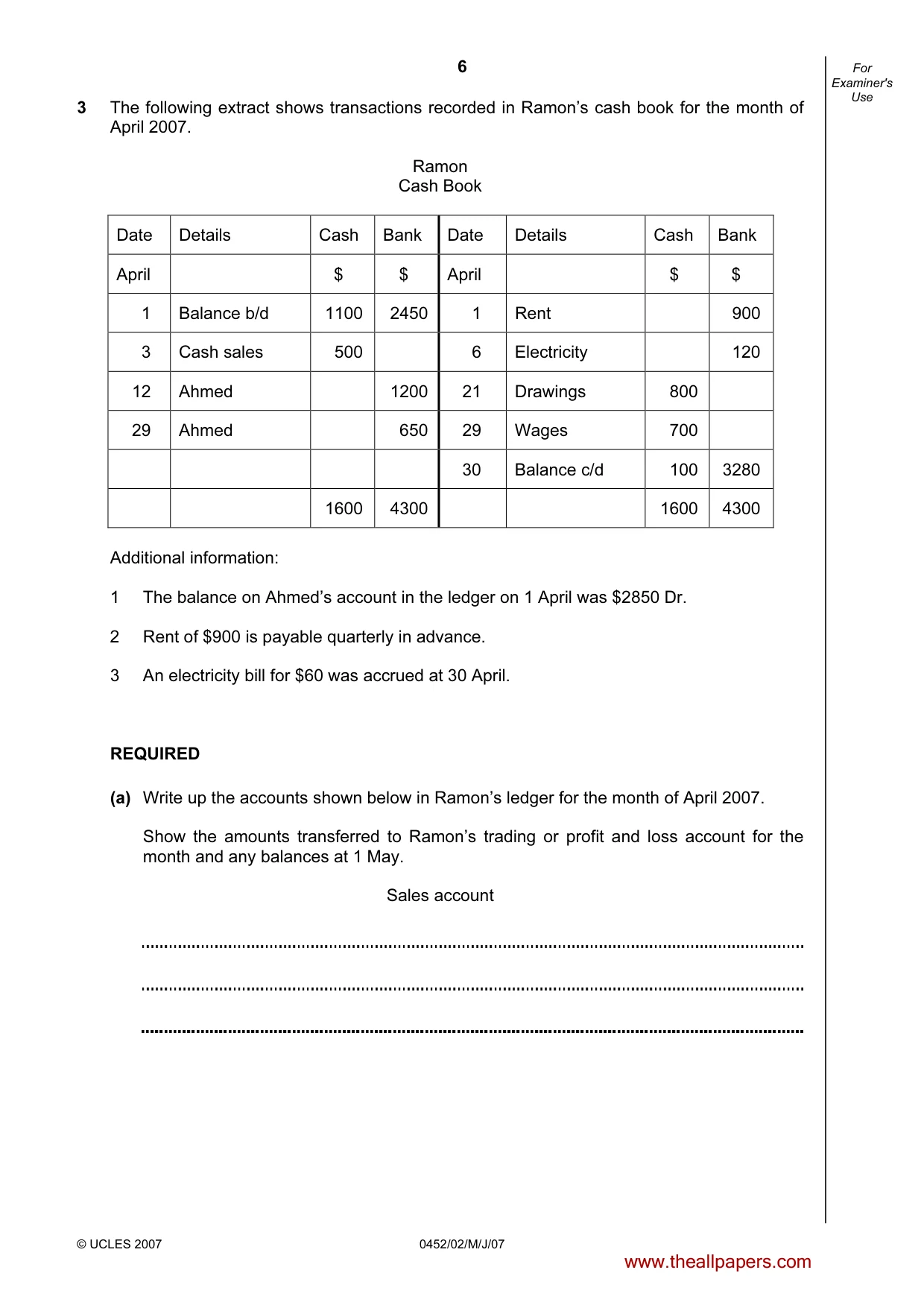 Cambridge IGCSE Accounting 0452 2007 May/June Paper 2 · Variant 1 question paper, page 6 of 16