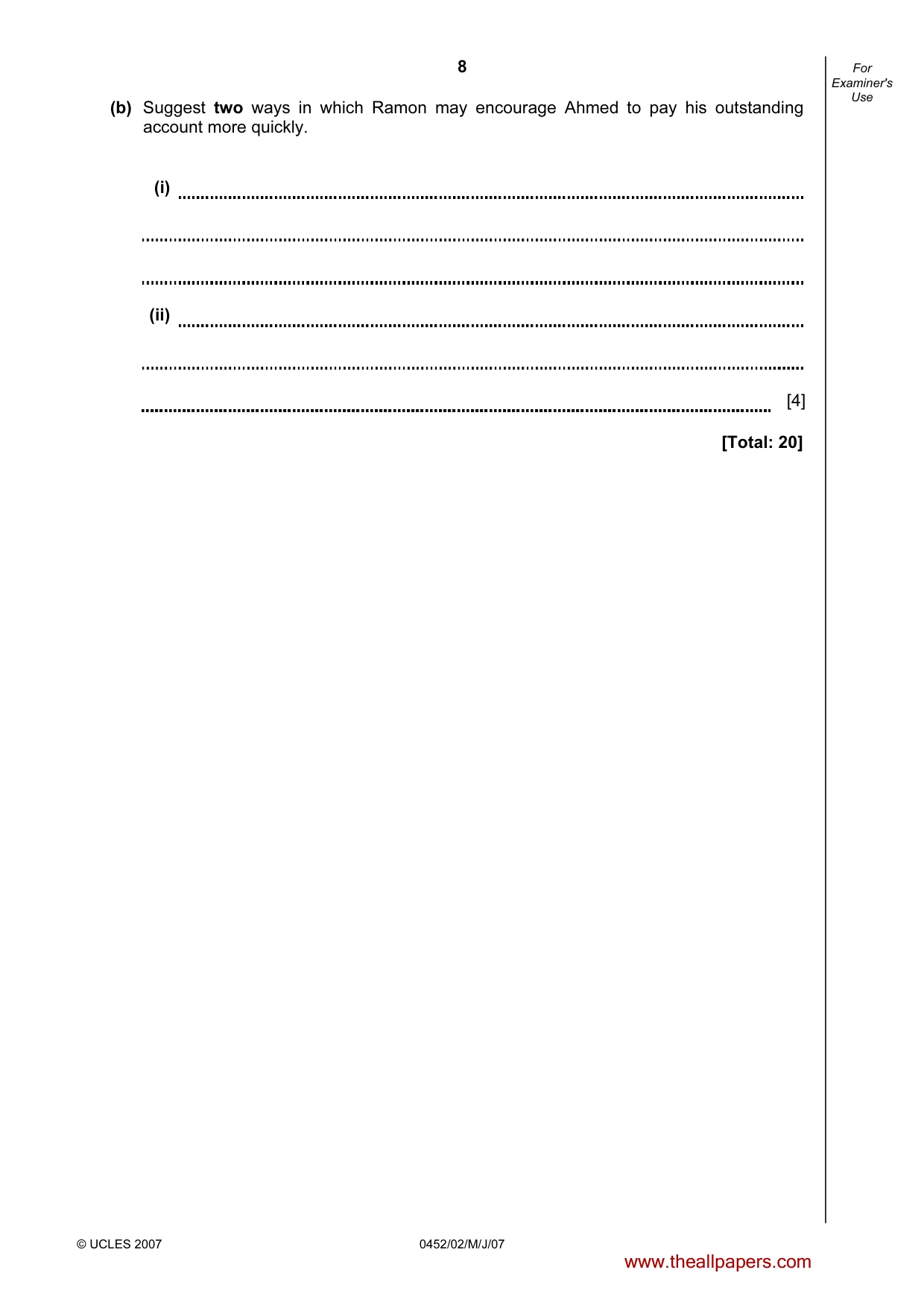 Cambridge IGCSE Accounting 0452 2007 May/June Paper 2 · Variant 1 question paper, page 8 of 16