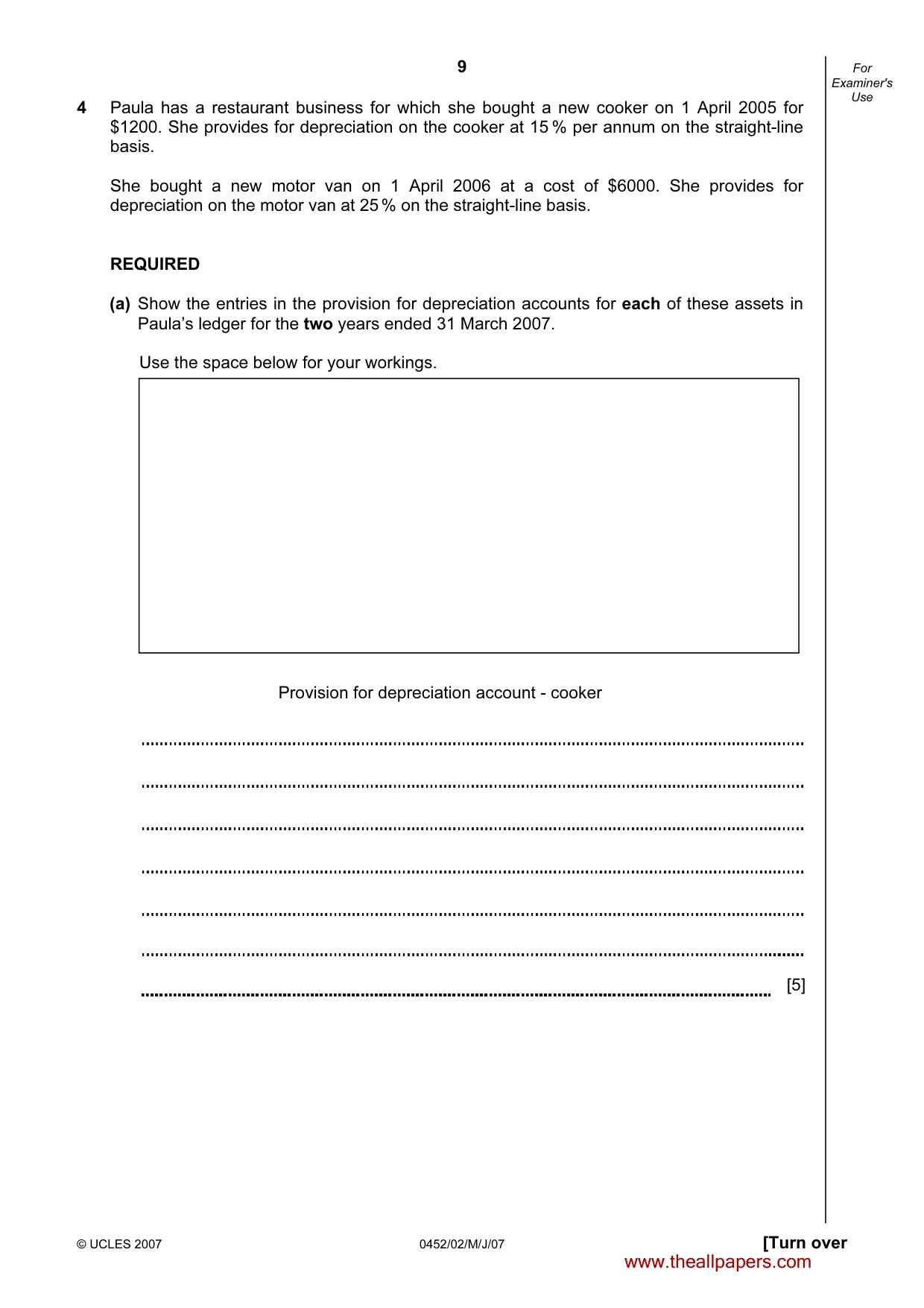 Cambridge IGCSE Accounting 0452 2007 May/June Paper 2 · Variant 1 question paper, page 9 of 16