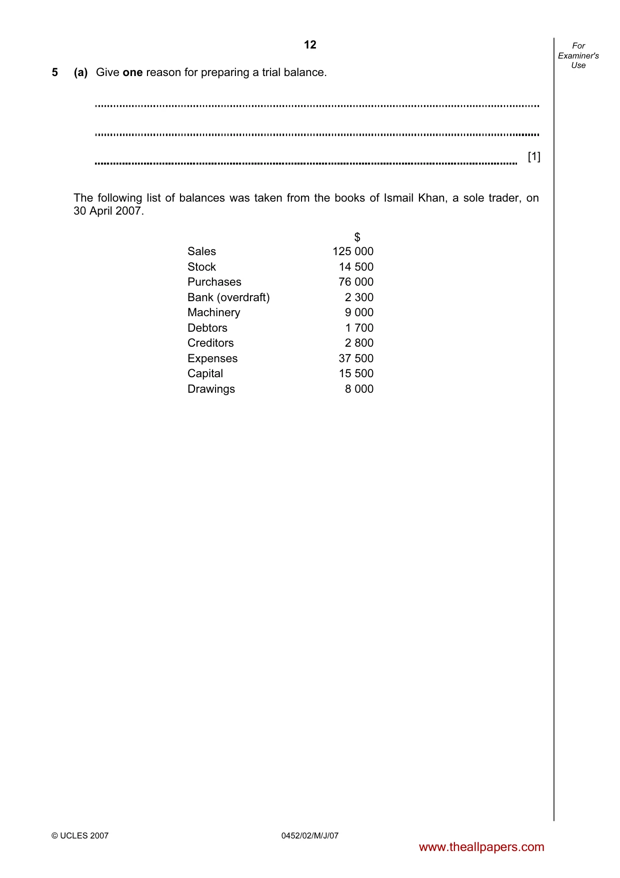 Cambridge IGCSE Accounting 0452 2007 May/June Paper 2 · Variant 1 question paper, page 12 of 16