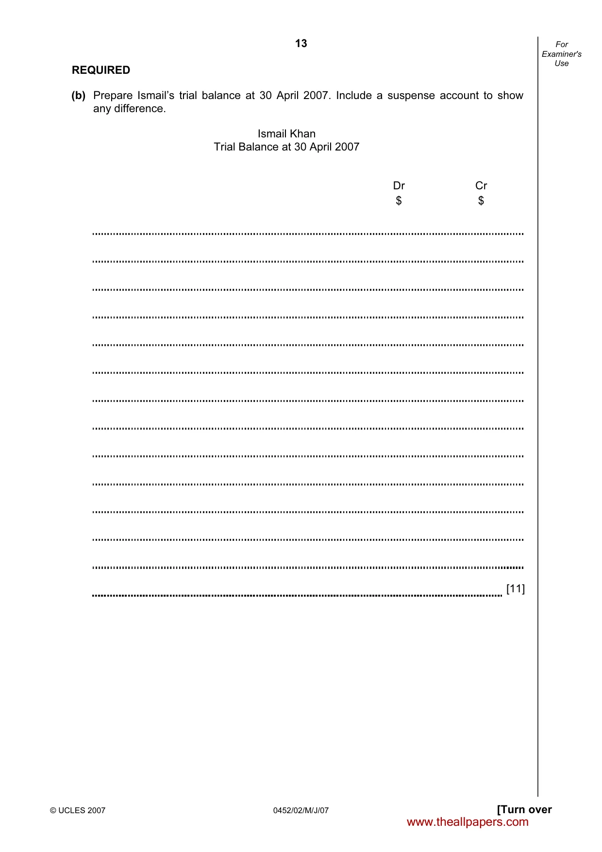 Cambridge IGCSE Accounting 0452 2007 May/June Paper 2 · Variant 1 question paper, page 13 of 16