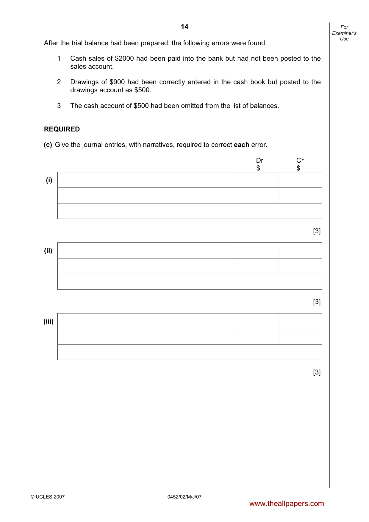 Cambridge IGCSE Accounting 0452 2007 May/June Paper 2 · Variant 1 question paper, page 14 of 16