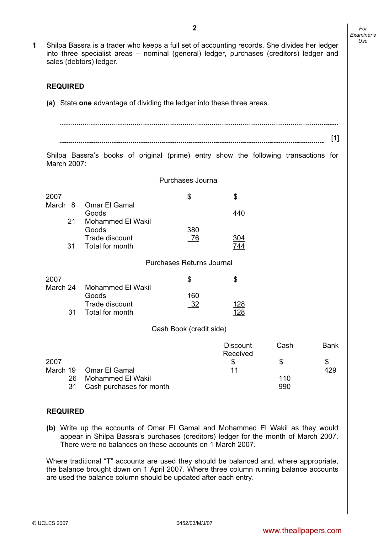 Cambridge IGCSE Accounting 0452 2007 May/June Paper 3 · Variant 1 question paper, page 2 of 20