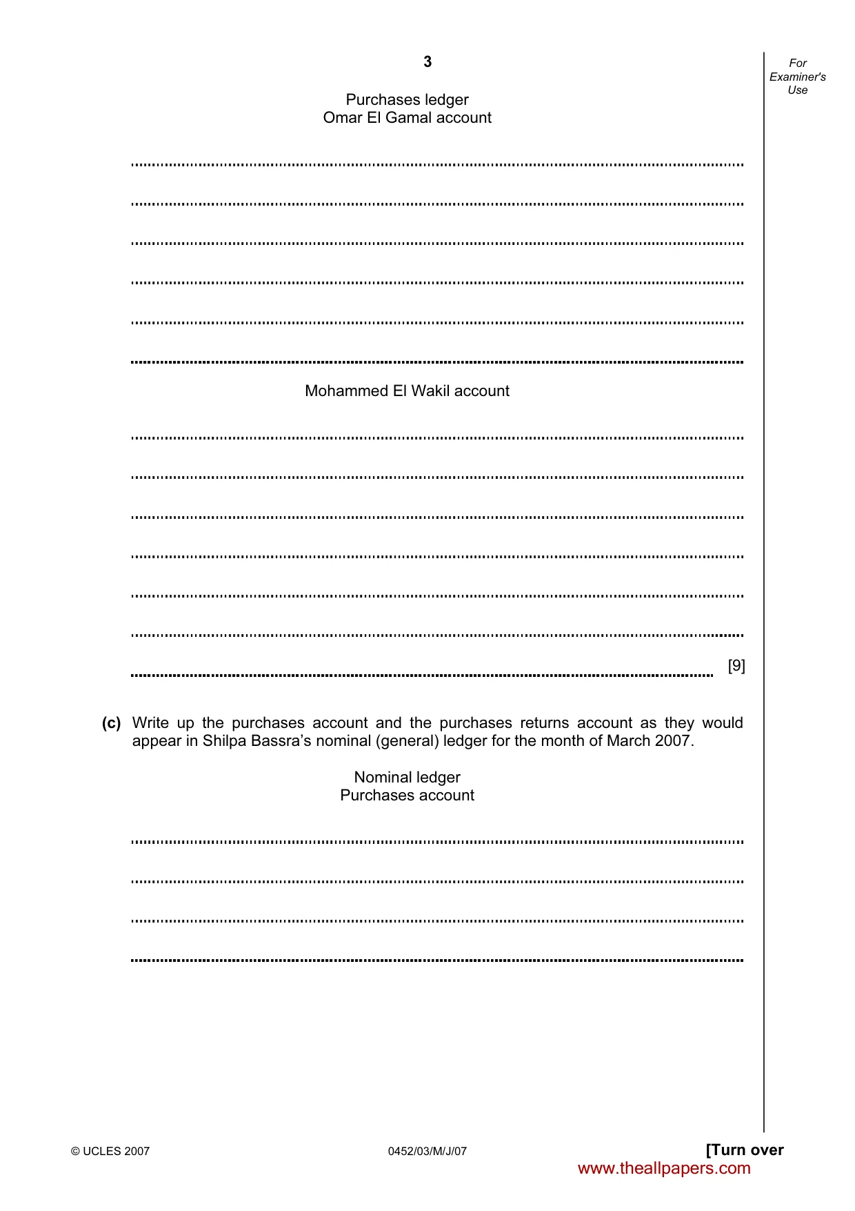 Cambridge IGCSE Accounting 0452 2007 May/June Paper 3 · Variant 1 question paper, page 3 of 20