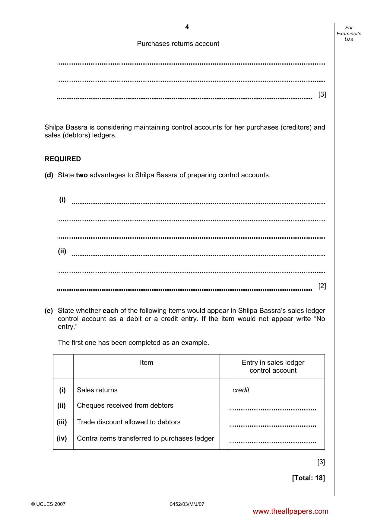 Cambridge IGCSE Accounting 0452 2007 May/June Paper 3 · Variant 1 question paper, page 4 of 20