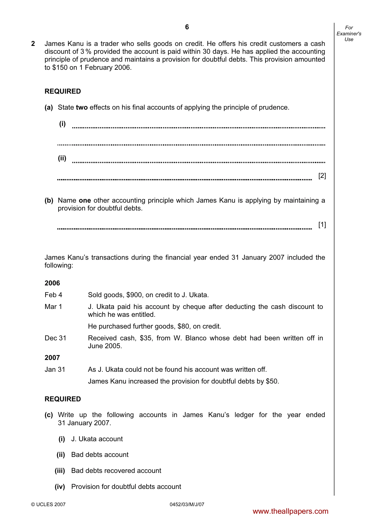 Cambridge IGCSE Accounting 0452 2007 May/June Paper 3 · Variant 1 question paper, page 6 of 20