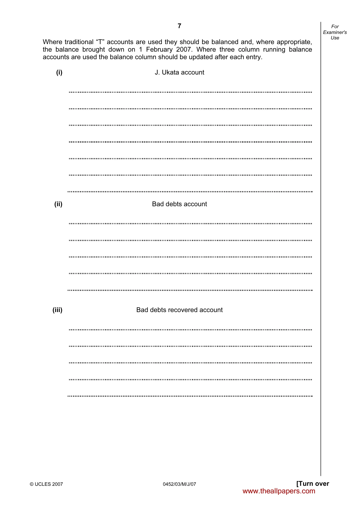 Cambridge IGCSE Accounting 0452 2007 May/June Paper 3 · Variant 1 question paper, page 7 of 20