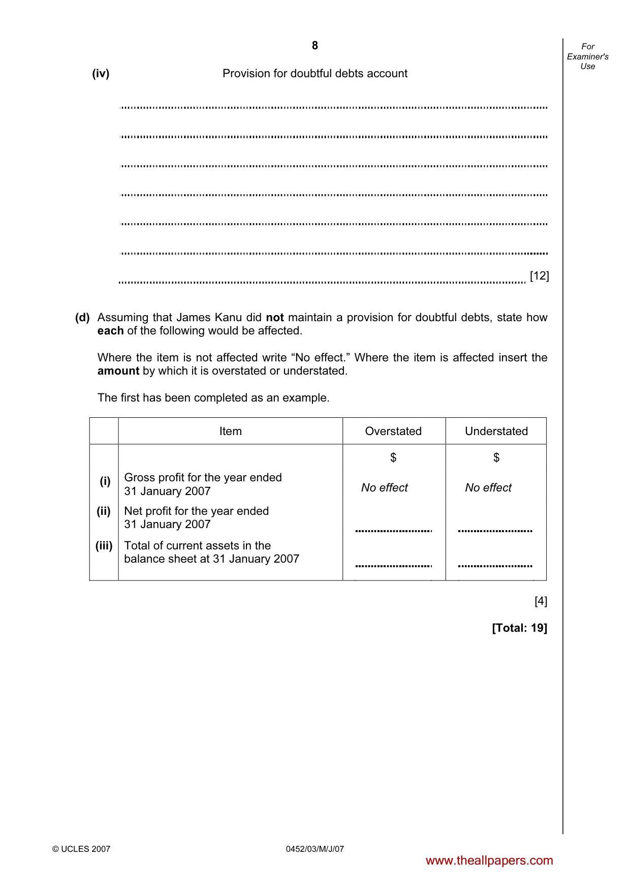Cambridge IGCSE Accounting 0452 2007 May/June Paper 3 · Variant 1 question paper, page 8 of 20