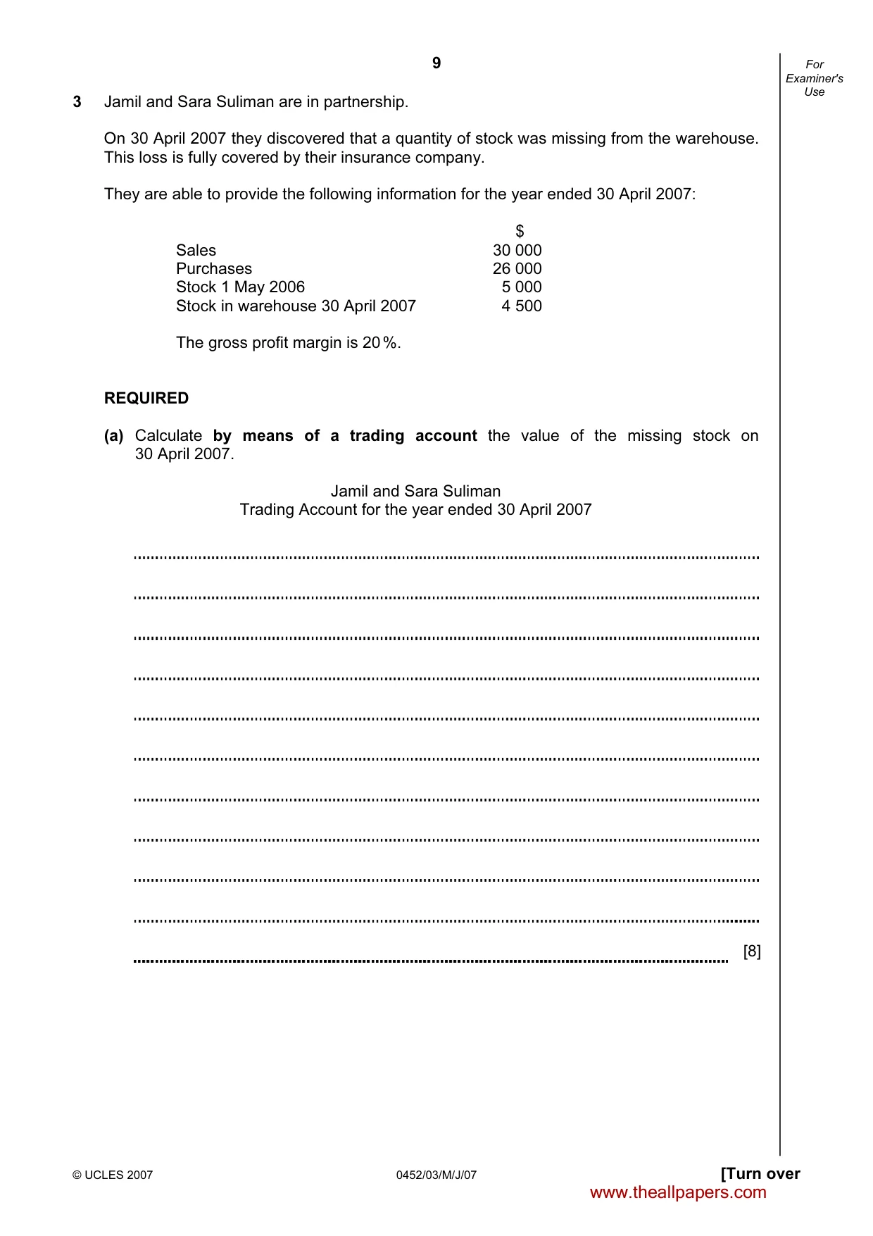 Cambridge IGCSE Accounting 0452 2007 May/June Paper 3 · Variant 1 question paper, page 9 of 20