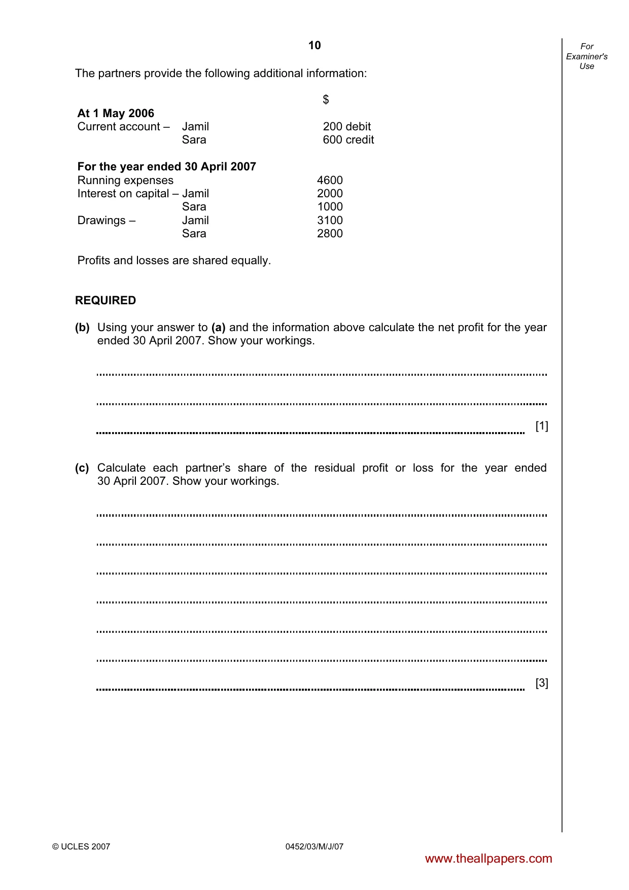Cambridge IGCSE Accounting 0452 2007 May/June Paper 3 · Variant 1 question paper, page 10 of 20