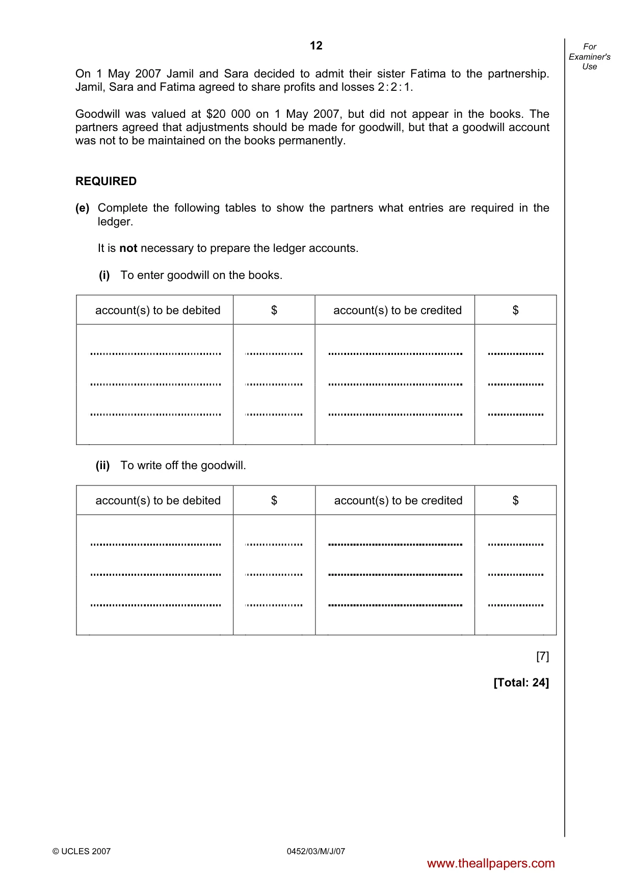 Cambridge IGCSE Accounting 0452 2007 May/June Paper 3 · Variant 1 question paper, page 12 of 20