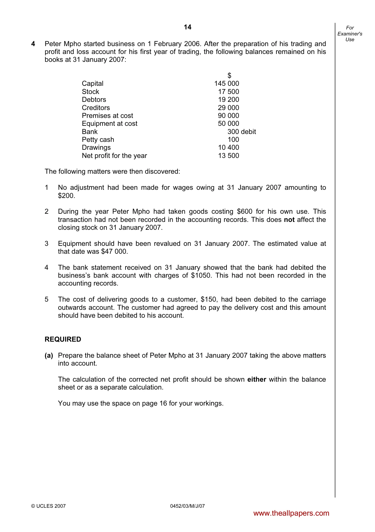 Cambridge IGCSE Accounting 0452 2007 May/June Paper 3 · Variant 1 question paper, page 14 of 20
