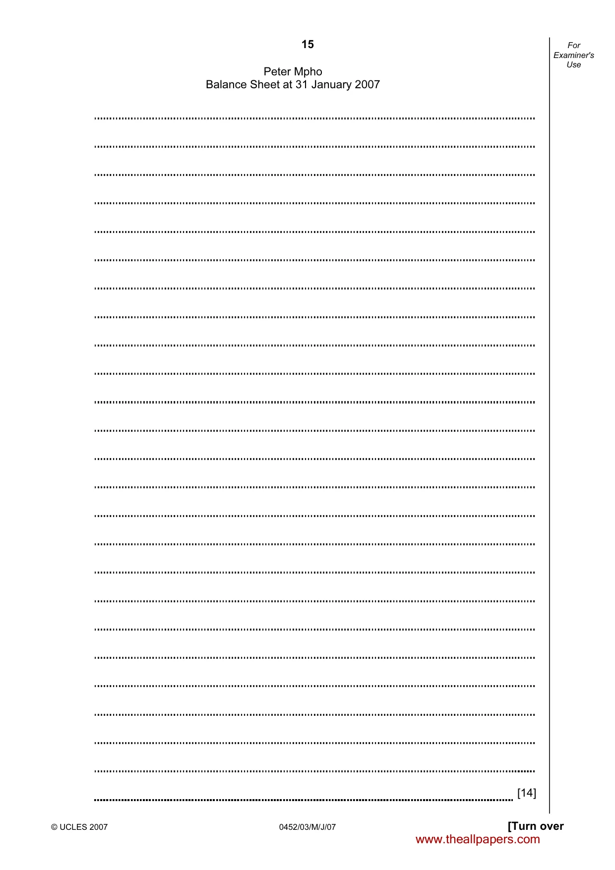 Cambridge IGCSE Accounting 0452 2007 May/June Paper 3 · Variant 1 question paper, page 15 of 20
