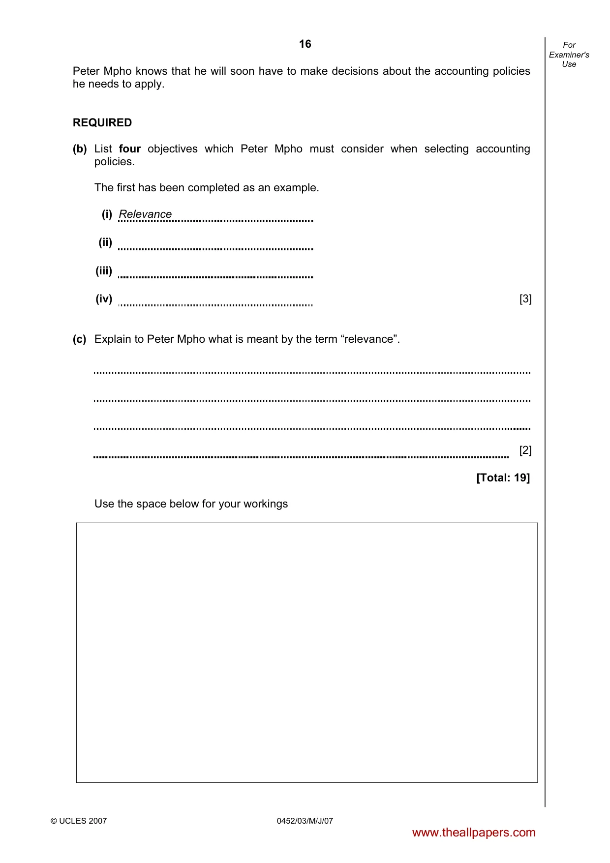 Cambridge IGCSE Accounting 0452 2007 May/June Paper 3 · Variant 1 question paper, page 16 of 20