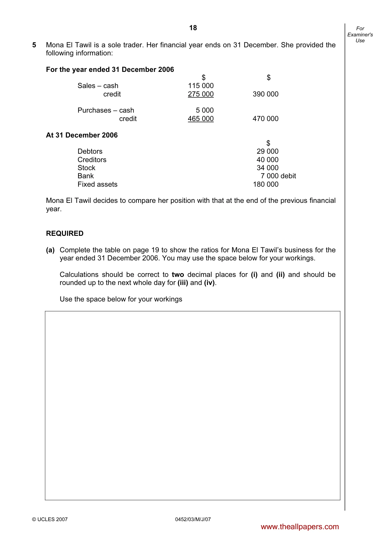 Cambridge IGCSE Accounting 0452 2007 May/June Paper 3 · Variant 1 question paper, page 18 of 20