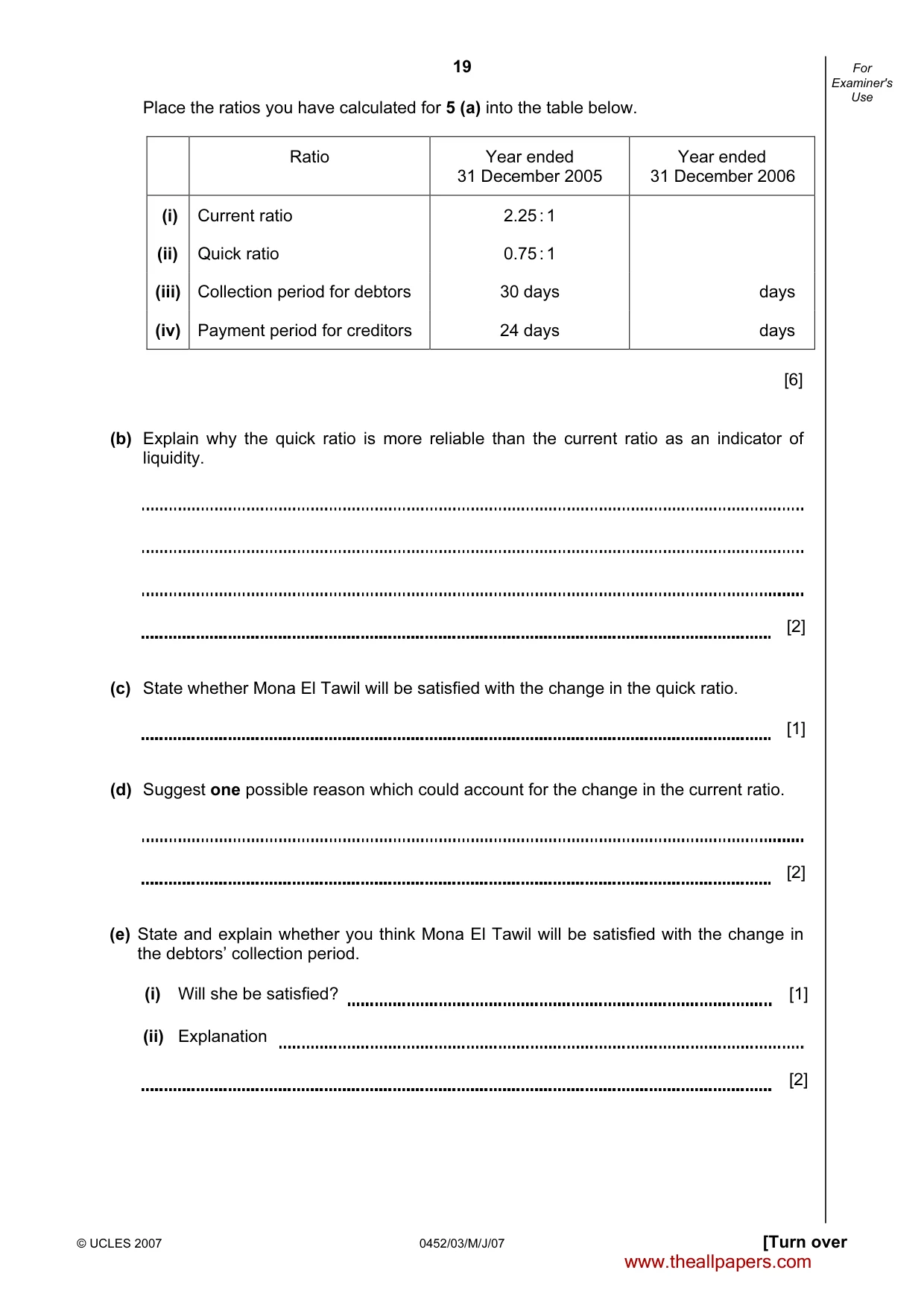 Cambridge IGCSE Accounting 0452 2007 May/June Paper 3 · Variant 1 question paper, page 19 of 20
