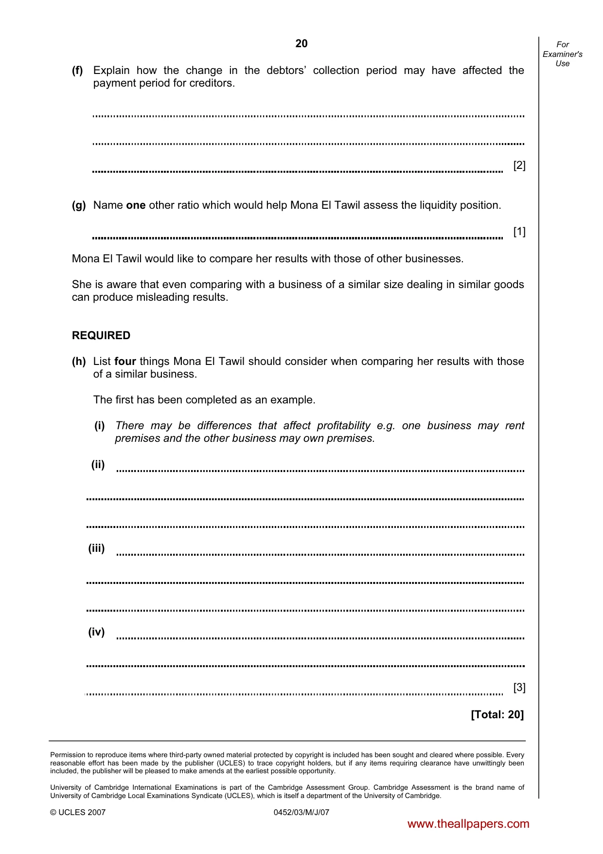 Cambridge IGCSE Accounting 0452 2007 May/June Paper 3 · Variant 1 question paper, page 20 of 20