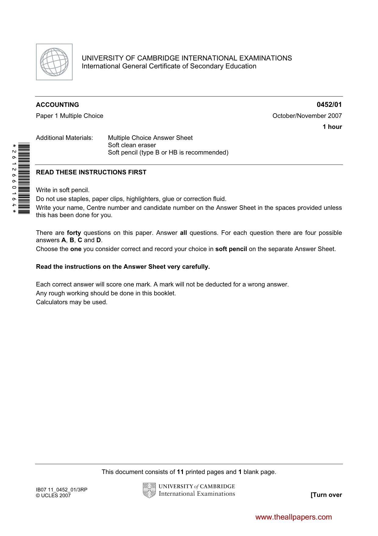 Cambridge IGCSE Accounting 0452 2007 Oct/Nov Paper 1 · Variant 1 question paper, page 1 of 12