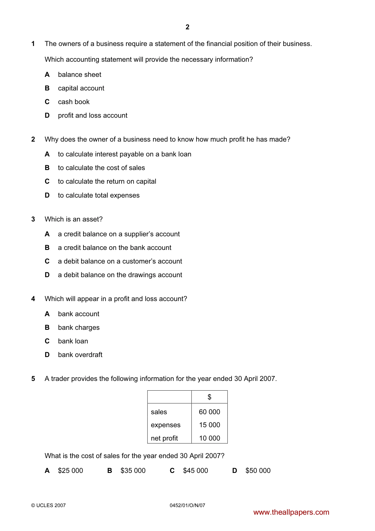 Cambridge IGCSE Accounting 0452 2007 Oct/Nov Paper 1 · Variant 1 question paper, page 2 of 12