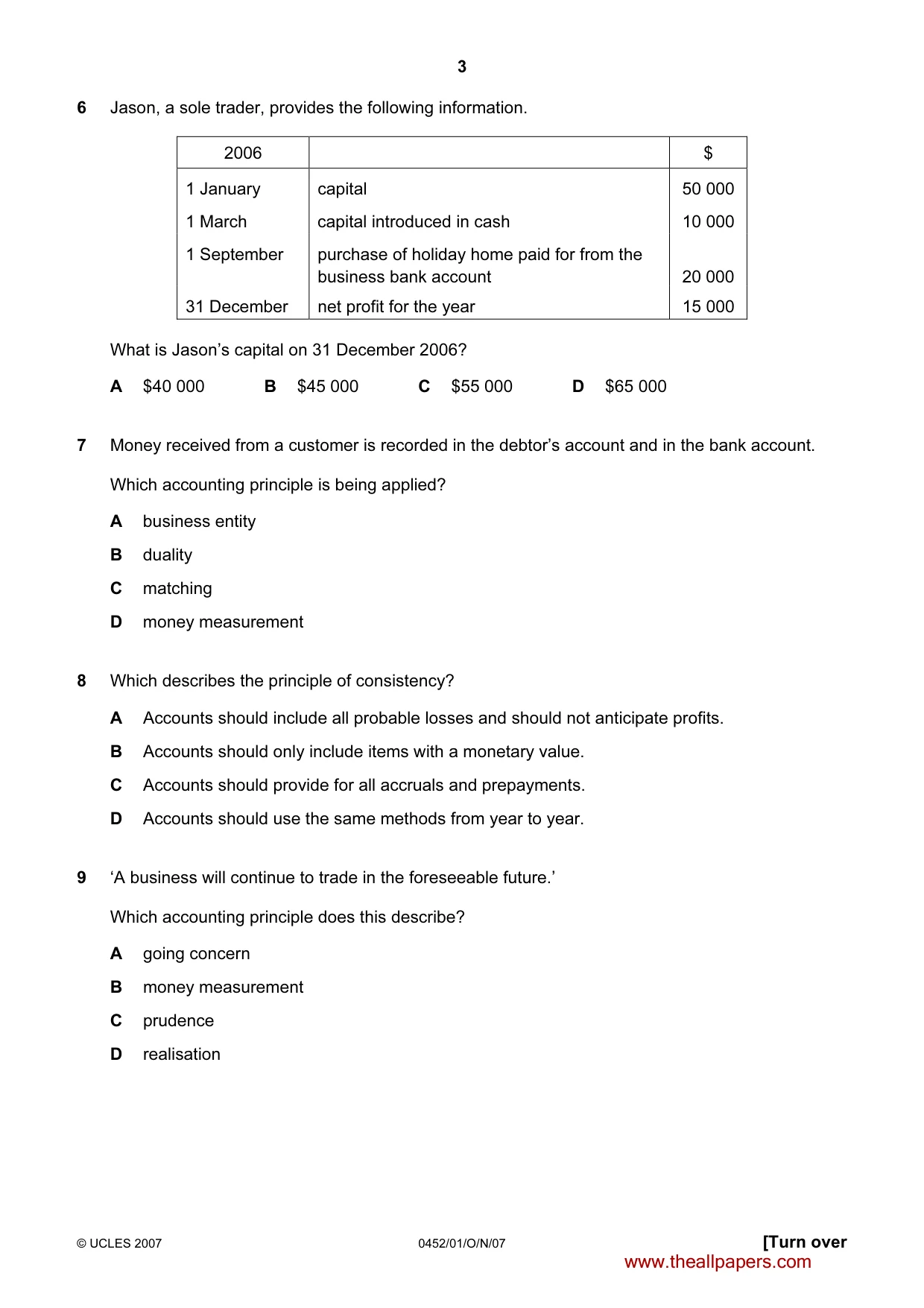 Cambridge IGCSE Accounting 0452 2007 Oct/Nov Paper 1 · Variant 1 question paper, page 3 of 12