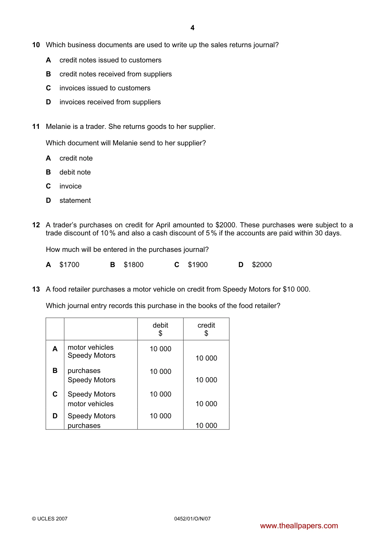 Cambridge IGCSE Accounting 0452 2007 Oct/Nov Paper 1 · Variant 1 question paper, page 4 of 12
