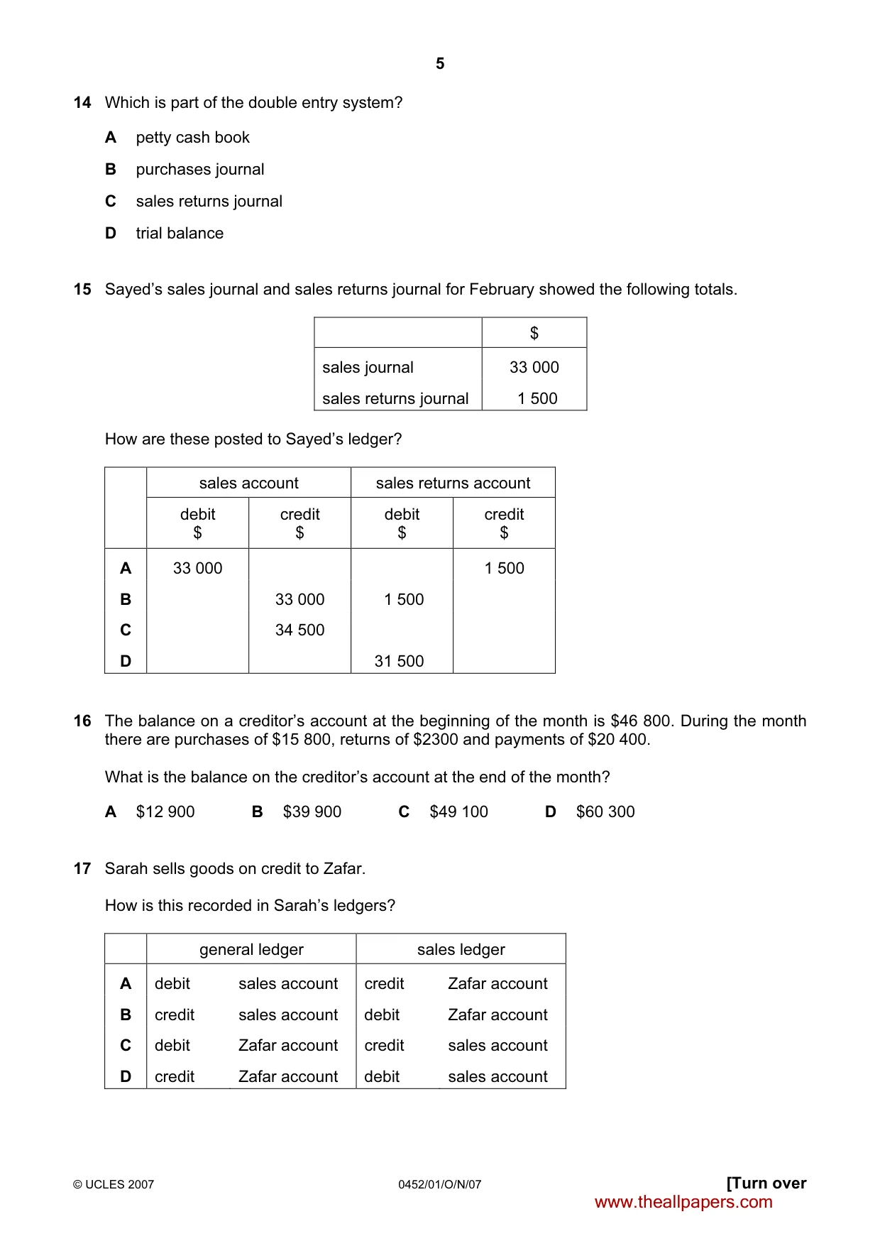 Cambridge IGCSE Accounting 0452 2007 Oct/Nov Paper 1 · Variant 1 question paper, page 5 of 12