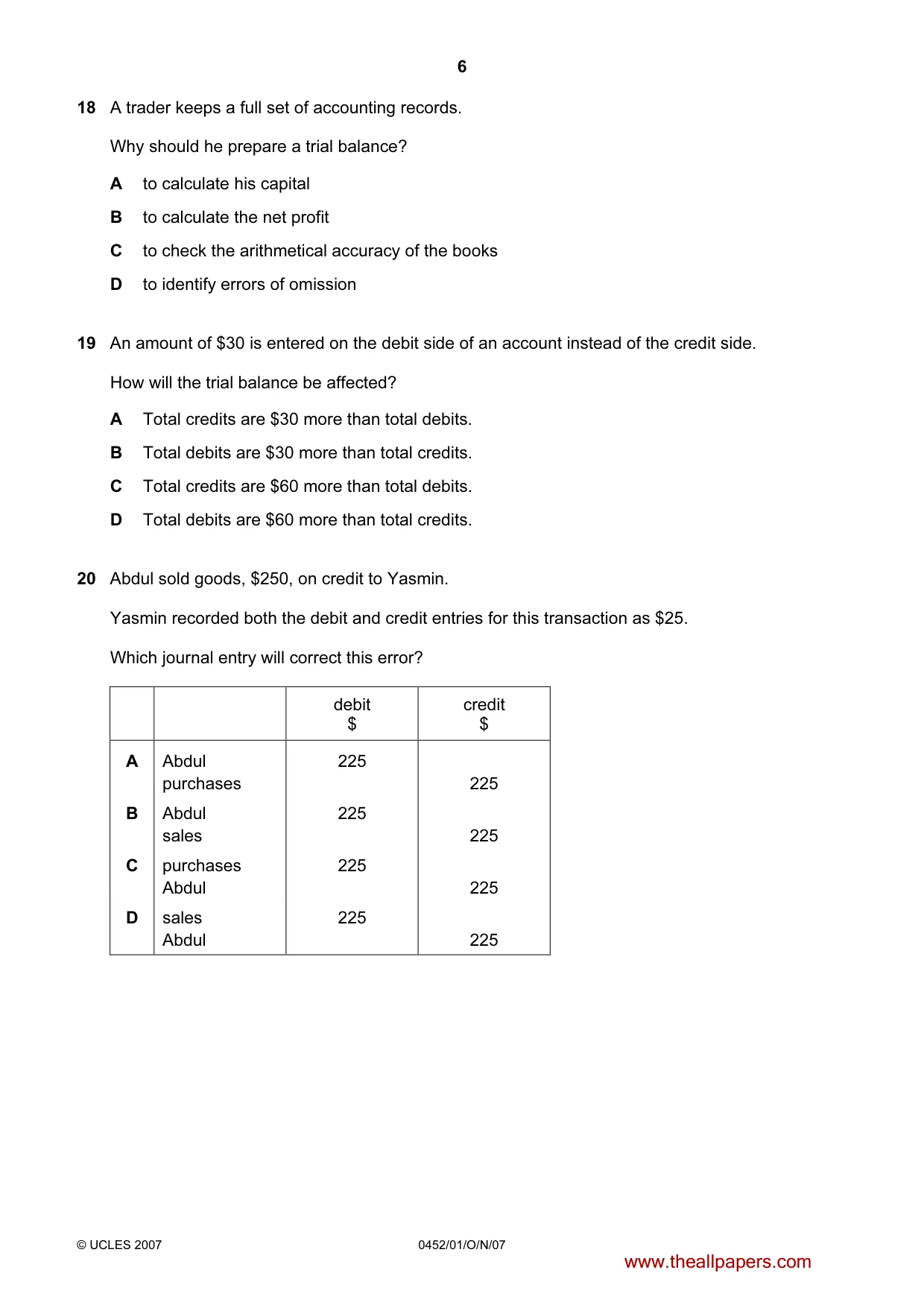 Cambridge IGCSE Accounting 0452 2007 Oct/Nov Paper 1 · Variant 1 question paper, page 6 of 12