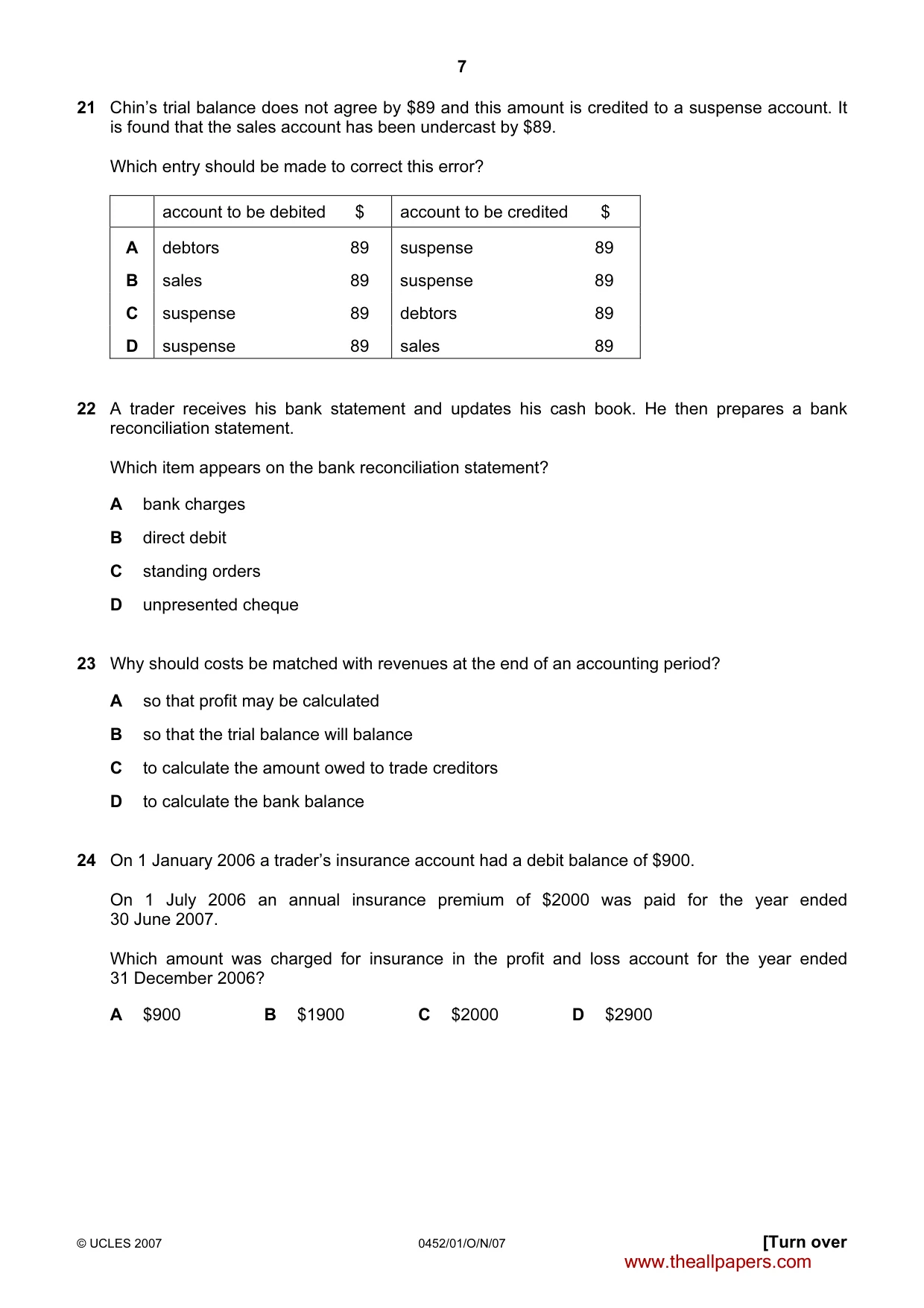 Cambridge IGCSE Accounting 0452 2007 Oct/Nov Paper 1 · Variant 1 question paper, page 7 of 12