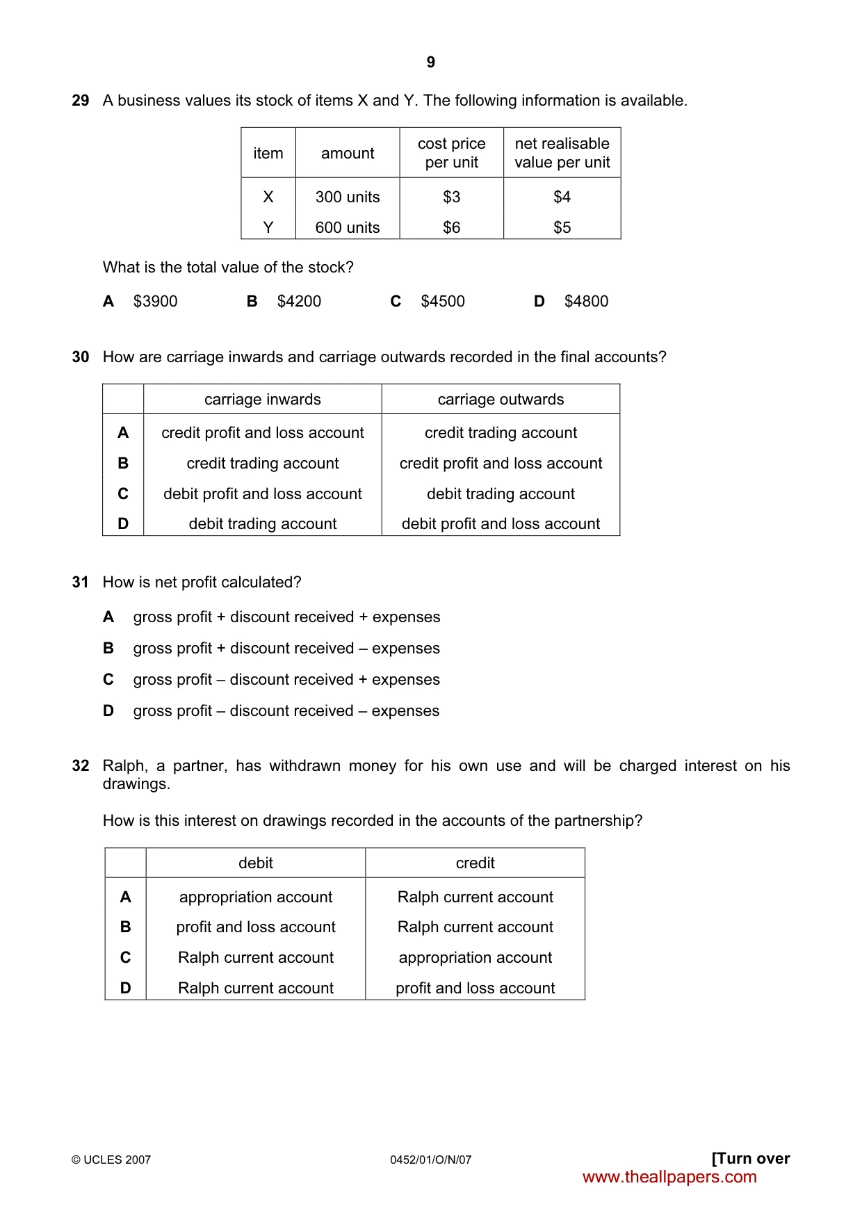 Cambridge IGCSE Accounting 0452 2007 Oct/Nov Paper 1 · Variant 1 question paper, page 9 of 12