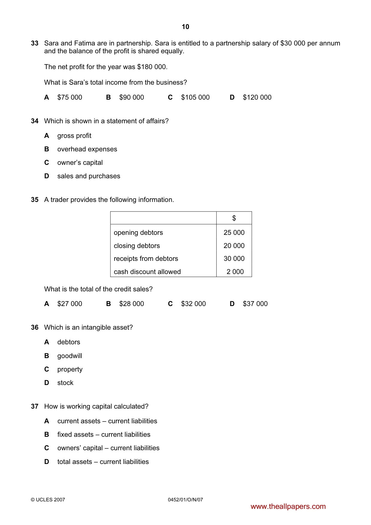 Cambridge IGCSE Accounting 0452 2007 Oct/Nov Paper 1 · Variant 1 question paper, page 10 of 12