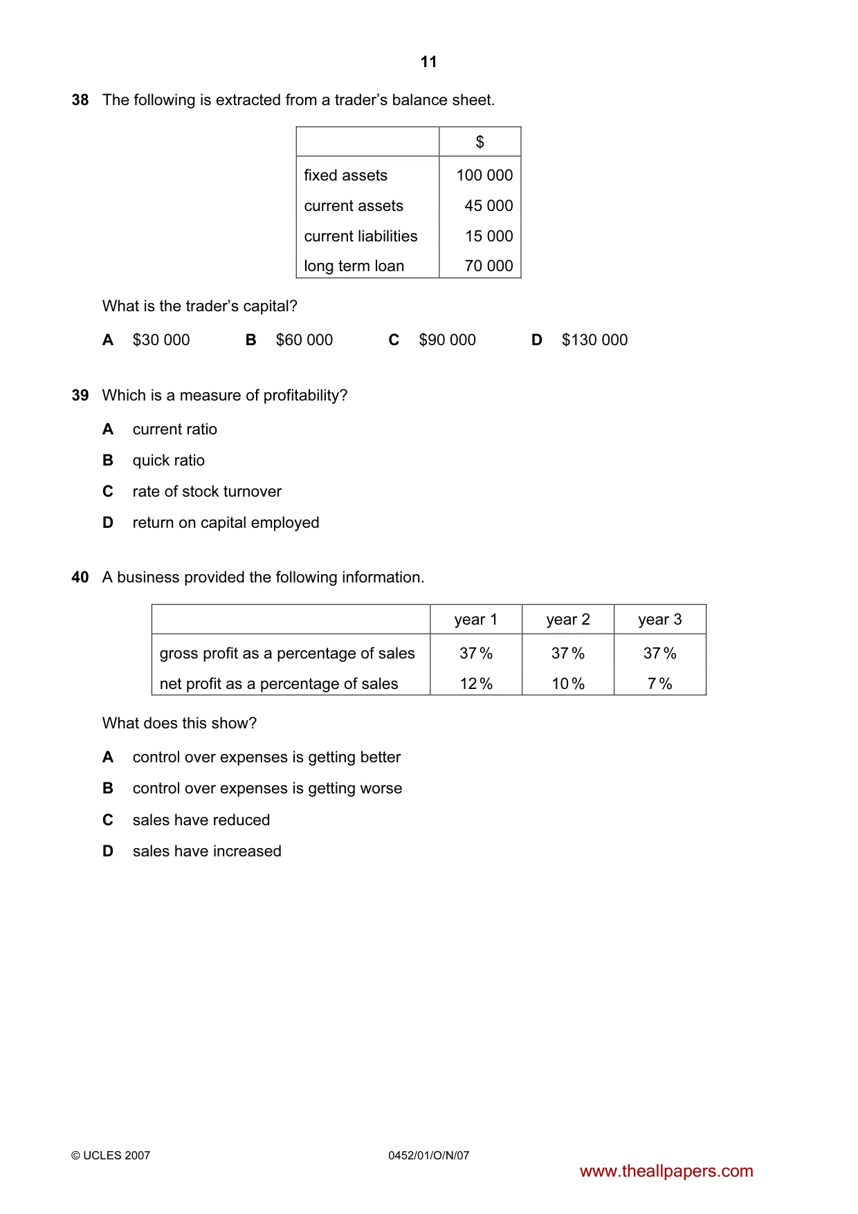 Cambridge IGCSE Accounting 0452 2007 Oct/Nov Paper 1 · Variant 1 question paper, page 11 of 12