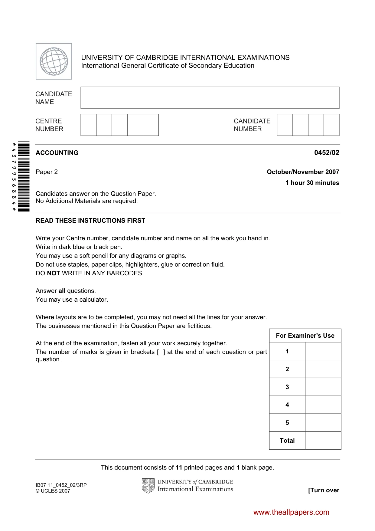 Cambridge IGCSE Accounting 0452 2007 Oct/Nov Paper 2 · Variant 1 question paper, page 1 of 12