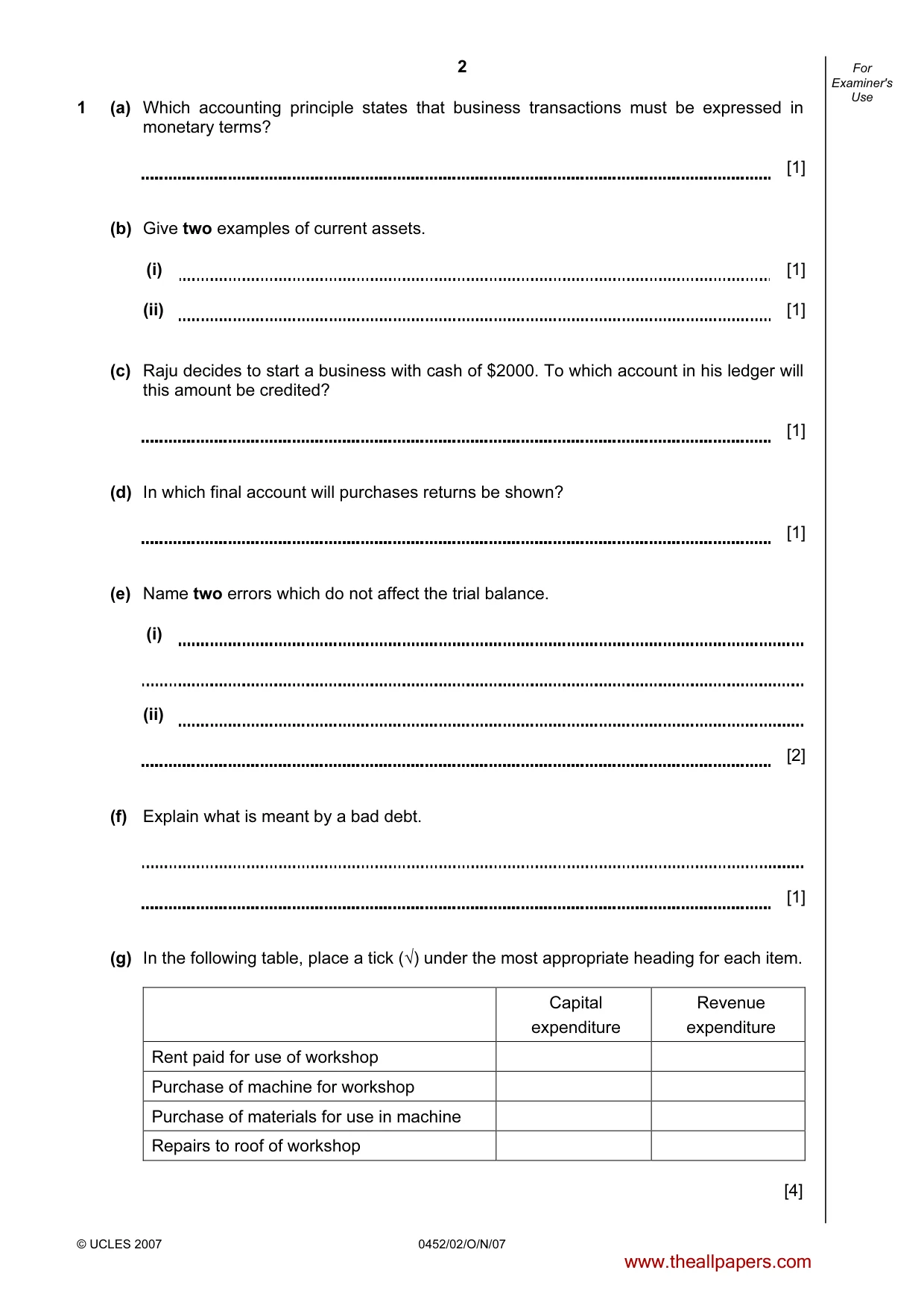 Cambridge IGCSE Accounting 0452 2007 Oct/Nov Paper 2 · Variant 1 question paper, page 2 of 12