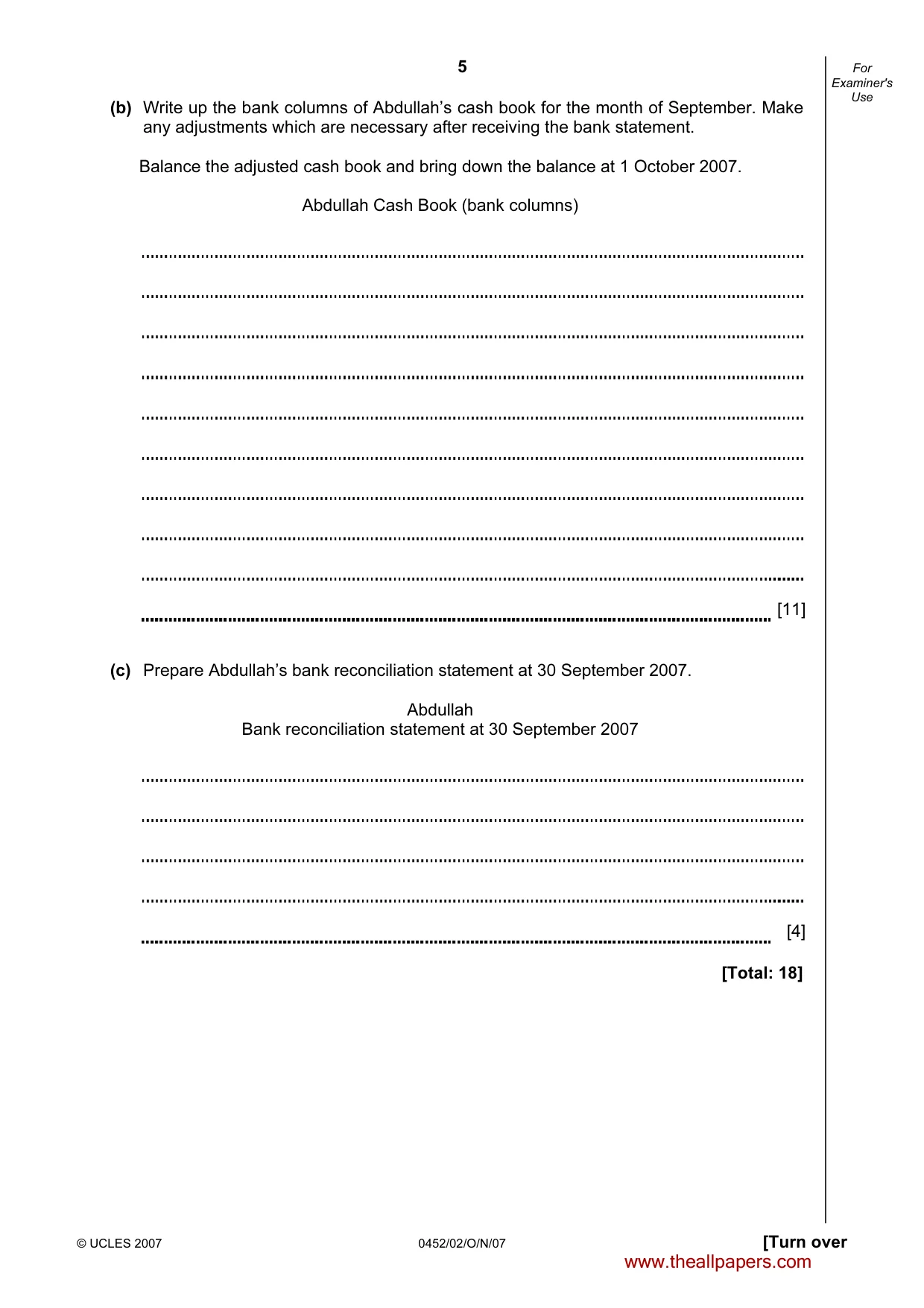 Cambridge IGCSE Accounting 0452 2007 Oct/Nov Paper 2 · Variant 1 question paper, page 5 of 12