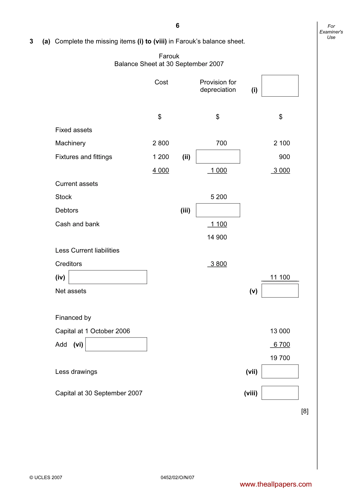 Cambridge IGCSE Accounting 0452 2007 Oct/Nov Paper 2 · Variant 1 question paper, page 6 of 12