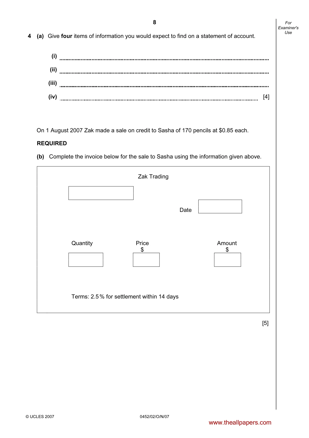 Cambridge IGCSE Accounting 0452 2007 Oct/Nov Paper 2 · Variant 1 question paper, page 8 of 12