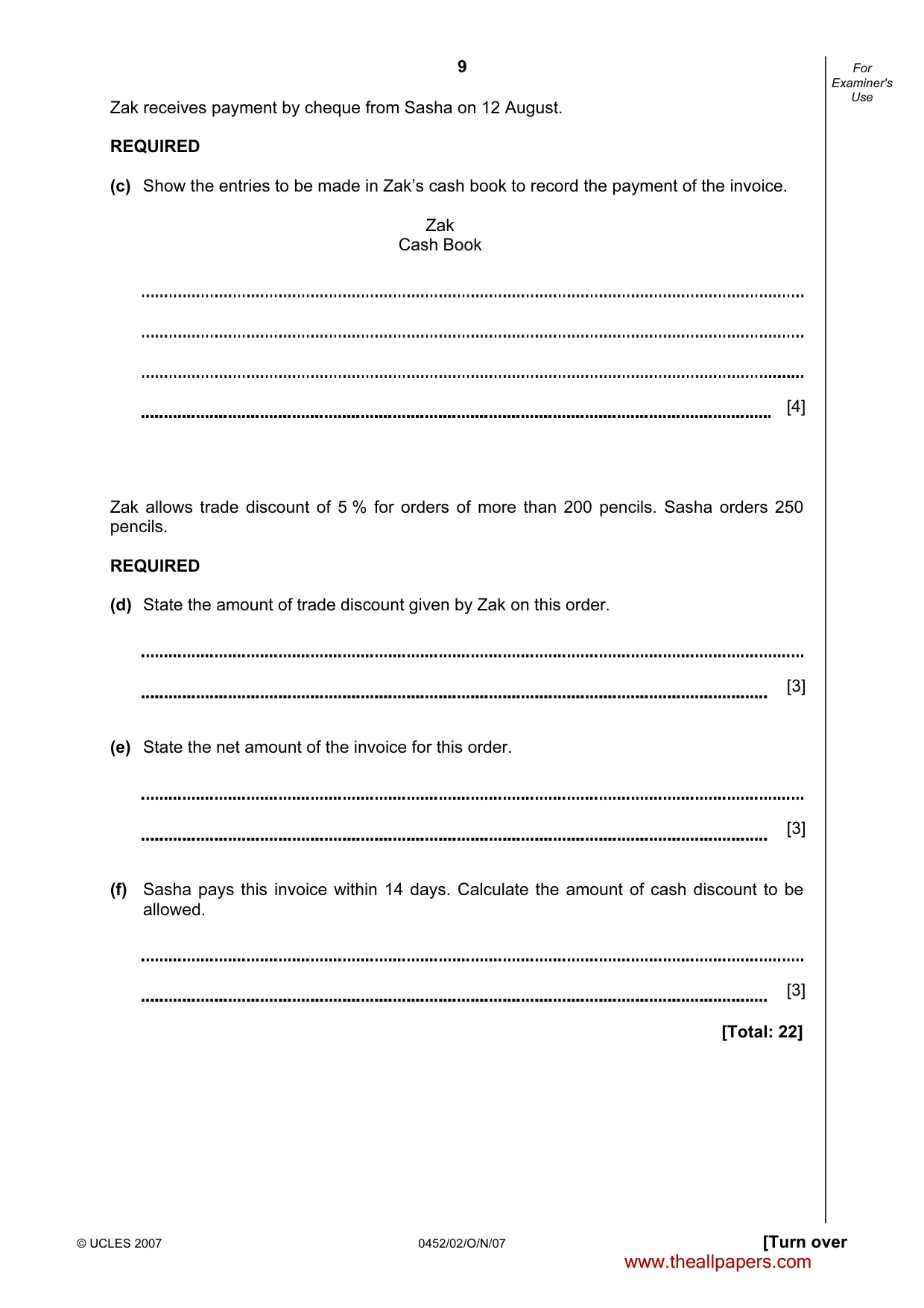 Cambridge IGCSE Accounting 0452 2007 Oct/Nov Paper 2 · Variant 1 question paper, page 9 of 12