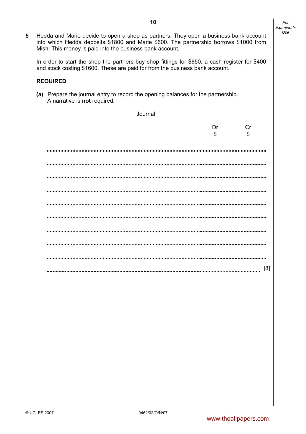 Cambridge IGCSE Accounting 0452 2007 Oct/Nov Paper 2 · Variant 1 question paper, page 10 of 12