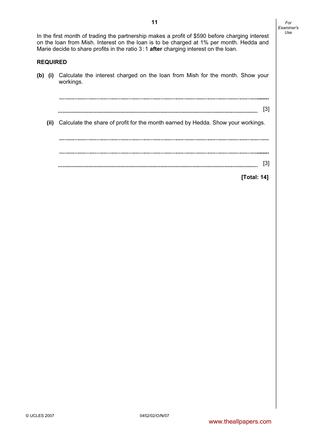 Cambridge IGCSE Accounting 0452 2007 Oct/Nov Paper 2 · Variant 1 question paper, page 11 of 12