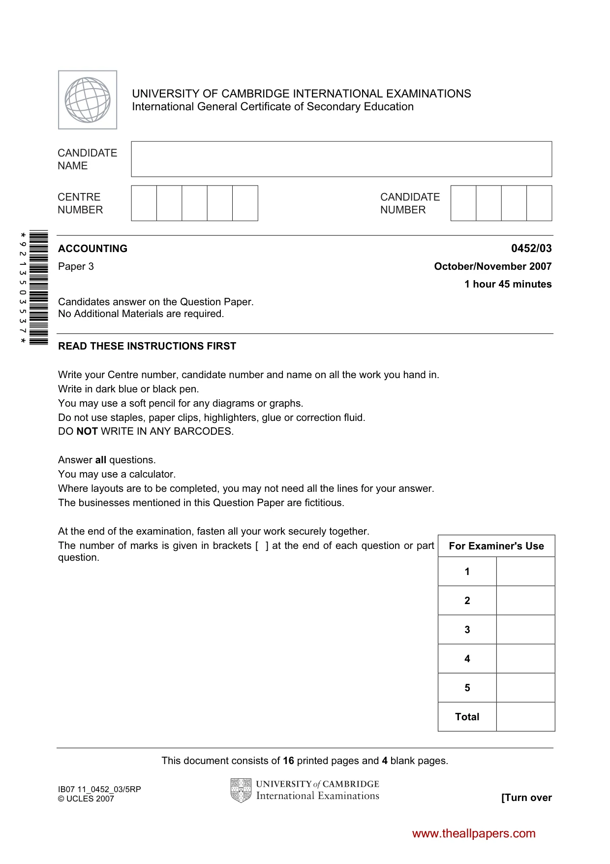 Cambridge IGCSE Accounting 0452 2007 Oct/Nov Paper 3 · Variant 1 question paper, page 1 of 20