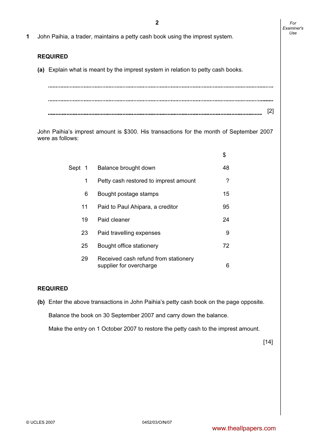 Cambridge IGCSE Accounting 0452 2007 Oct/Nov Paper 3 · Variant 1 question paper, page 2 of 20
