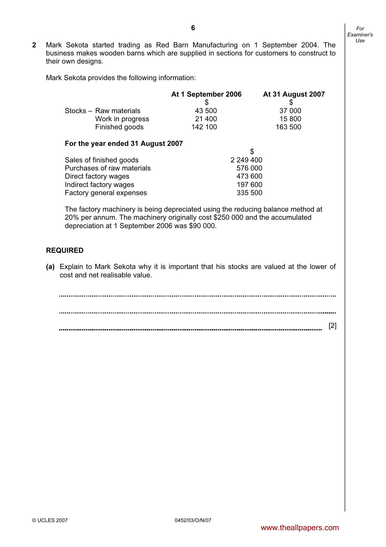Cambridge IGCSE Accounting 0452 2007 Oct/Nov Paper 3 · Variant 1 question paper, page 6 of 20