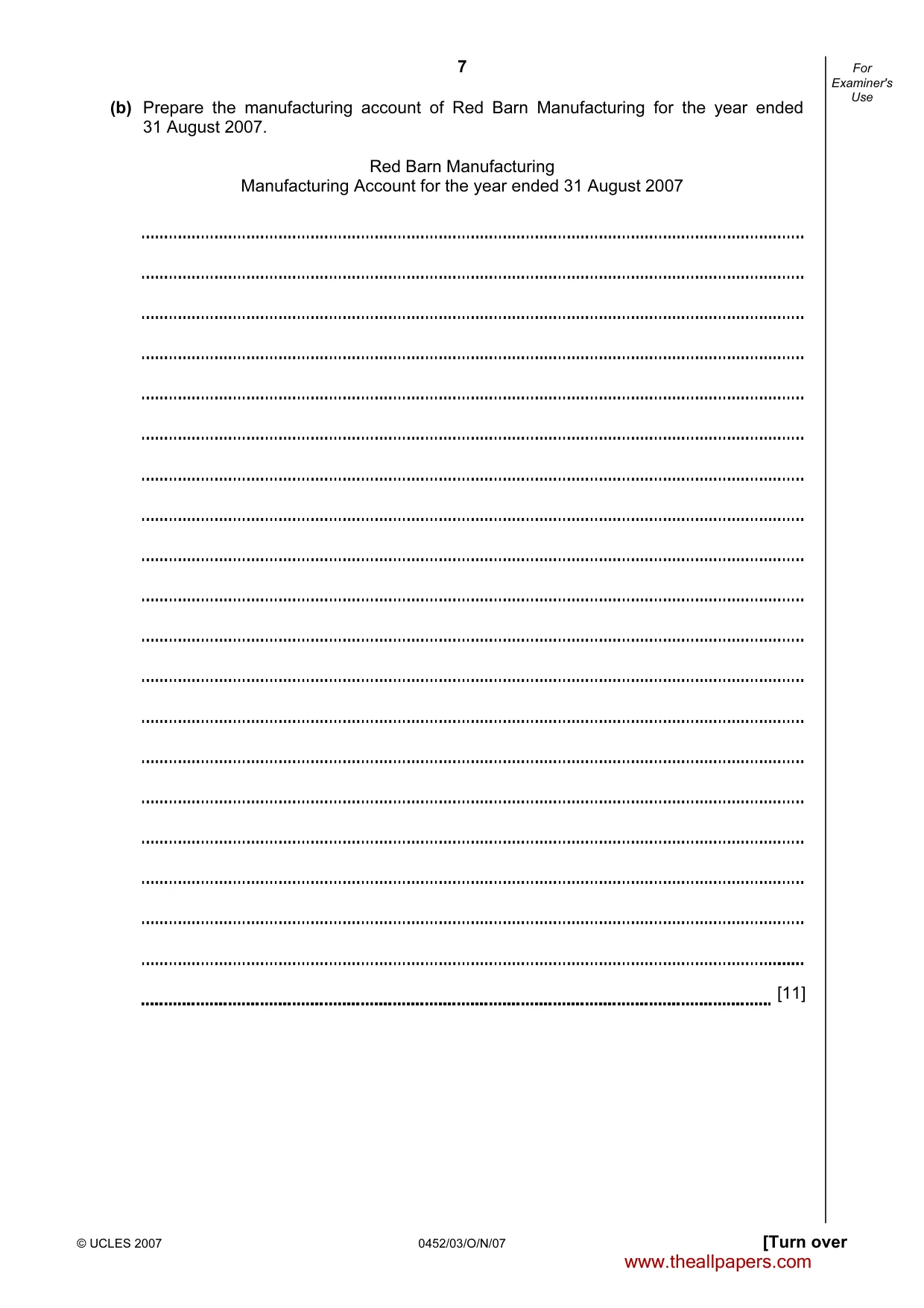 Cambridge IGCSE Accounting 0452 2007 Oct/Nov Paper 3 · Variant 1 question paper, page 7 of 20