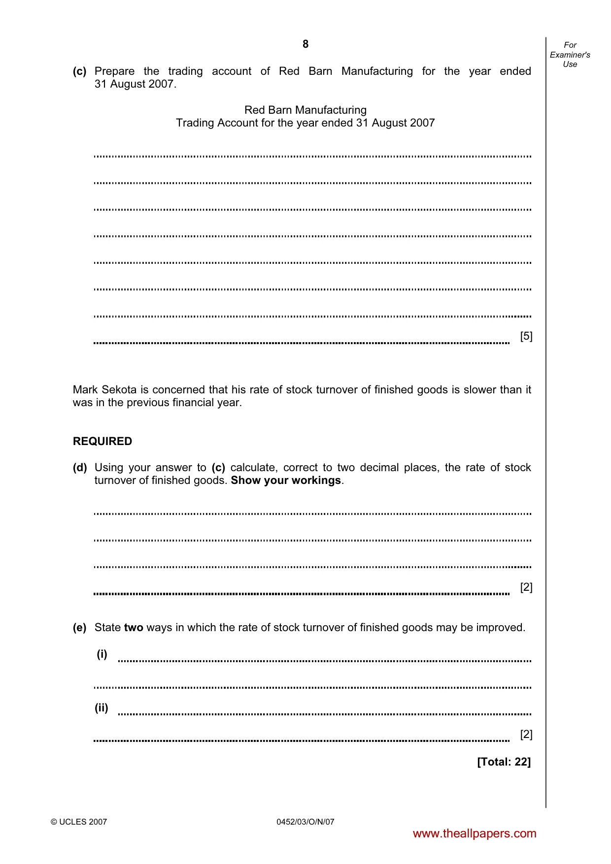 Cambridge IGCSE Accounting 0452 2007 Oct/Nov Paper 3 · Variant 1 question paper, page 8 of 20
