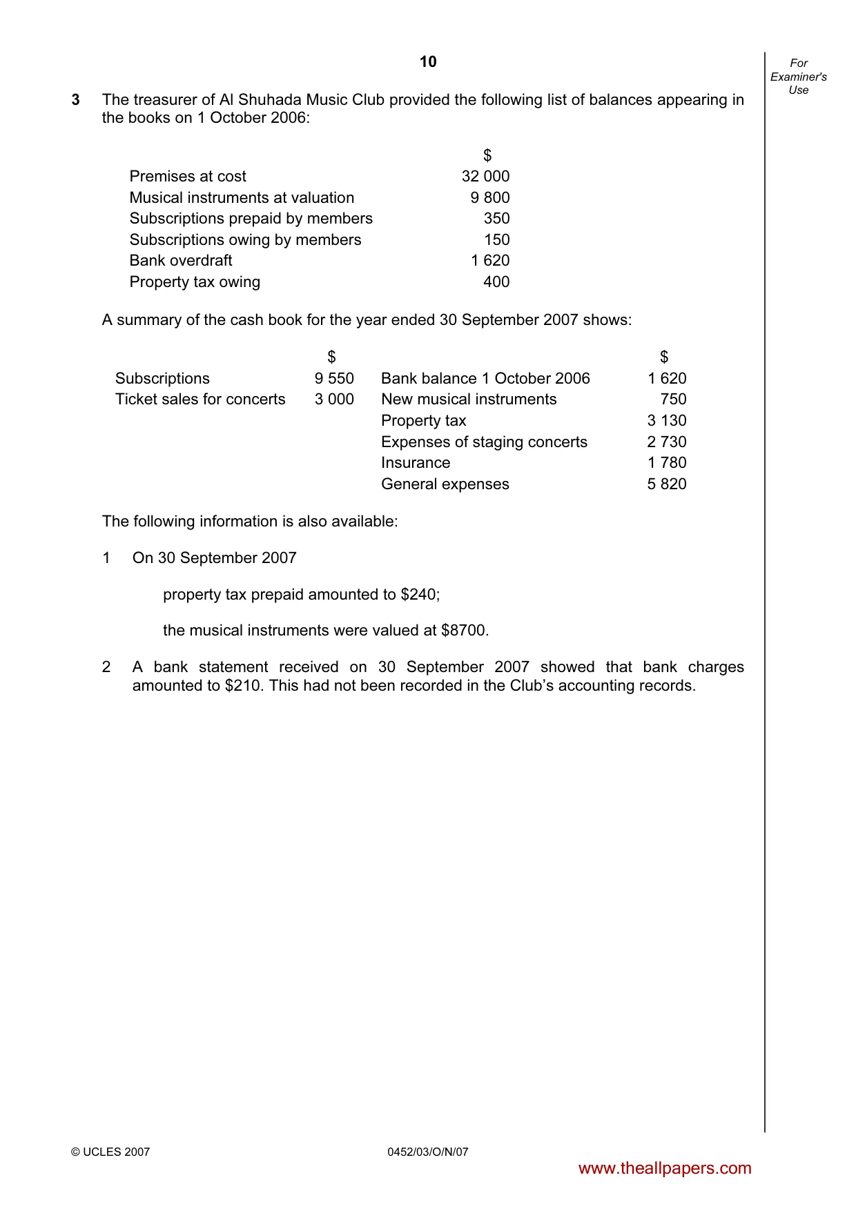 Cambridge IGCSE Accounting 0452 2007 Oct/Nov Paper 3 · Variant 1 question paper, page 10 of 20