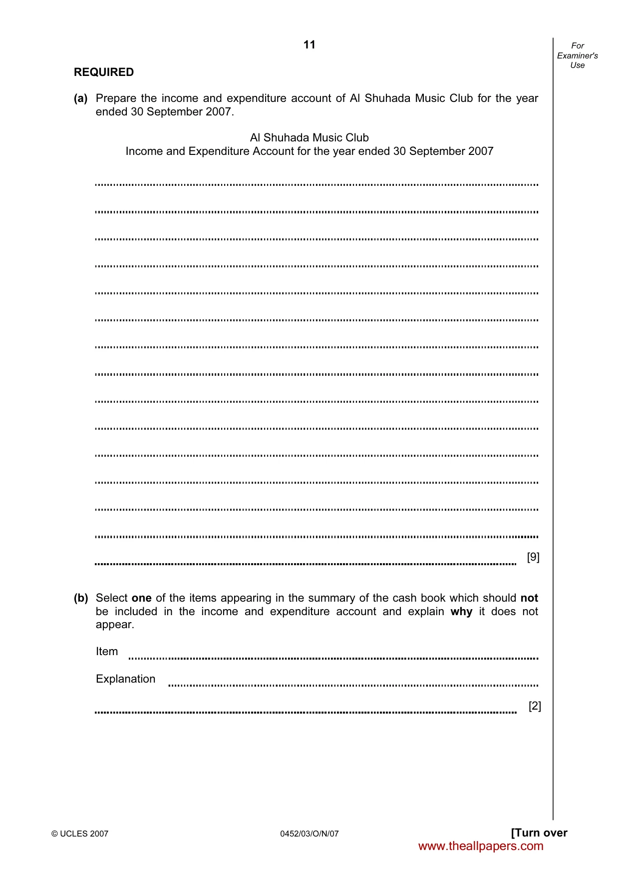 Cambridge IGCSE Accounting 0452 2007 Oct/Nov Paper 3 · Variant 1 question paper, page 11 of 20